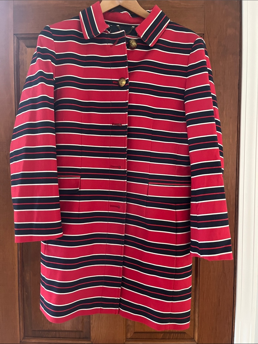 Banana Republic Red and Navy Striped Trench Coat